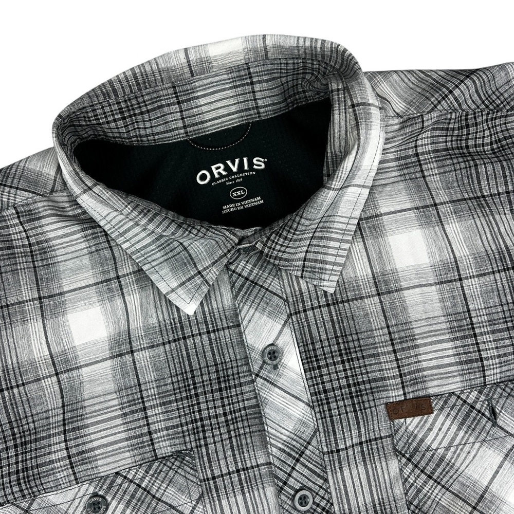 Orvis Shirt‎ Mens XXL Grey Black Plaid Classic Collection Button Up Short Sleeve